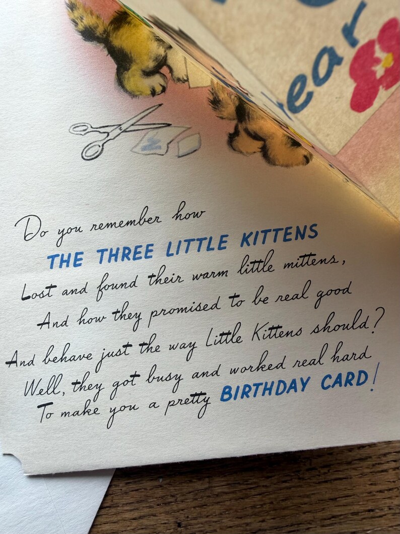Tarjeta de felicitación de cumpleaños infantil para niños de 6 años, sin usar ~ Greetings Inc., c. 1948 ~ Vintage ~ Tres gatitos, desplegable imagen 3