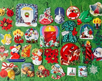 30 Christmas Gummed Seals, Assortment/No Duplicates ~ Vintage 1930's - 60's ~ Some Embossed, Collectible