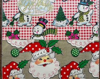 Papel de regalo navideño NOS, Papá Noel y muñeco de nieve ~ Tuttle Press ~ Vintage años 60 ~ 3 hojas completas