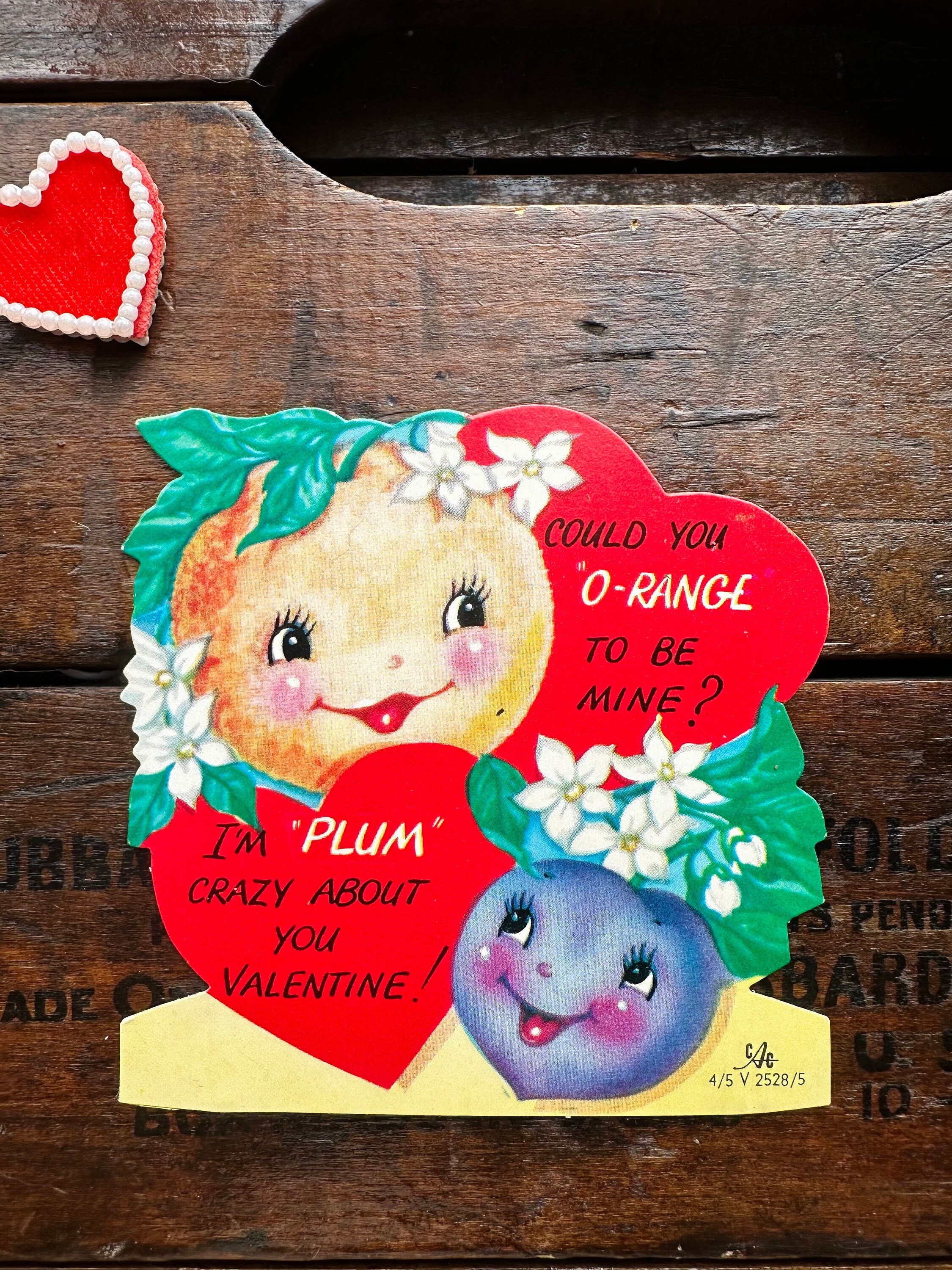Valentine's Day Card, Anthromorphic Orange & Plum ~ Vintage