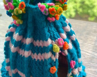 Calentador de tetera con flores, hecho a mano, tejido a crochet, estilo vintage, colores neón vibrantes, decoración para fiestas de té en el jardín.