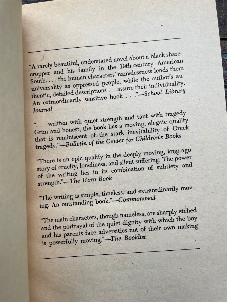 May include: A close-up of a book page with text about a novel. The text highlights the book's themes of tragedy, cruelty, and quiet strength. The book is described as "rarely beautiful" and "extraordinarily sensitive".