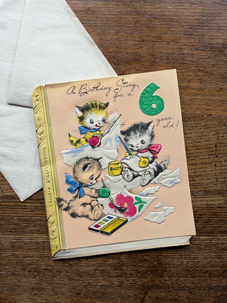 Tarjeta de felicitación de cumpleaños infantil para niños de 6 años, sin usar ~ Greetings Inc., c. 1948 ~ Vintage ~ Tres gatitos, desplegable imagen 1