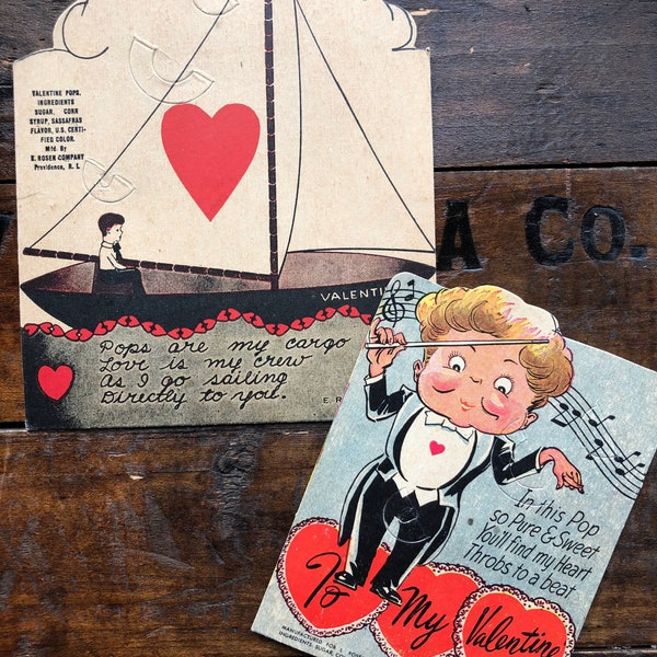 2 Rosen Co. Candy/Lollipop/Sucker Valentine Cards Used ~ Vintage 1940's ~ Choir Conductor and Sailboat