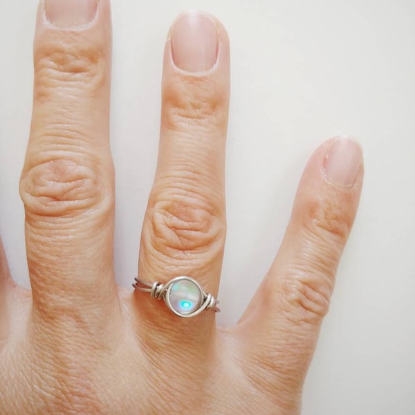 Moonstone Ring, Opalite Ring, Wire Wrapped Ring, Boho Ring, June Birthstone Ring, Dainty Ring, Stainless Steel Ring