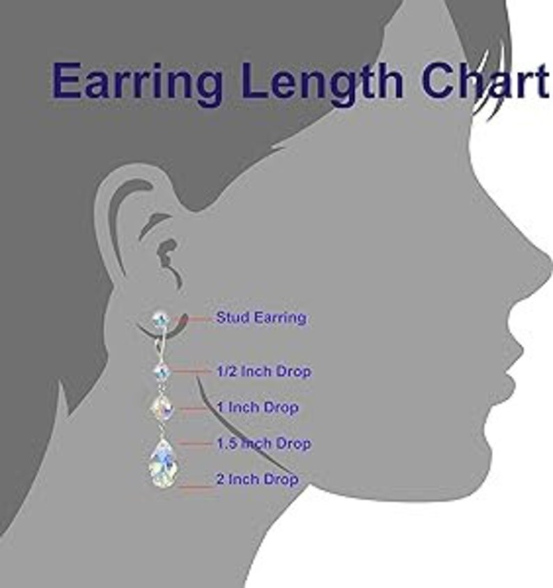 May include: A diagram showing earring length options. The chart includes a stud earring, and drop earrings in 1/2 inch, 1 inch, 1.5 inch, and 2 inch lengths. The text "Earring Length Chart" is at the top.