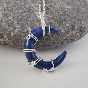 Lapis Lazuli Crescent Moon Necklace, Wire Wrapped Crescent Moon, Lapis Lazuli Necklace, Sterling Silver Necklace, Copper Necklace