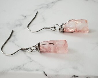 Crystal Quartz Earrings, Quartz Point Earrings, Raw Quartz Earrings, Rough Quartz Earrings, Quartz Dangle Earrings, Peach Quartz Earrings