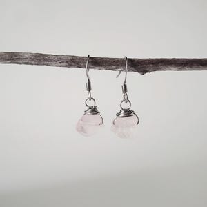 May include: A pair of rose quartz earrings. Each earring features a raw, light pink rose quartz stone wrapped in silver-colored wire, suspended from a silver-colored ear hook. The earrings are displayed against a neutral background.