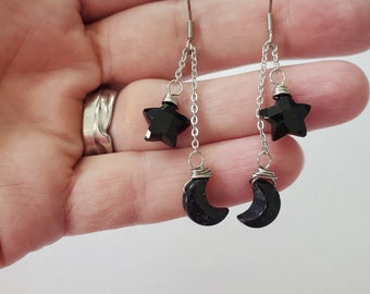 Pendientes colgantes ajustables, pendientes de turmalina negra, pendientes de ónix negro, pendientes de estrella y luna, pendientes antiestrés, pendientes celestiales