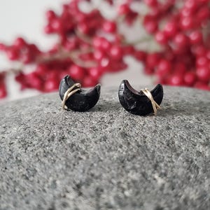Black Tourmaline Stud Earrings, Crescent Moon Tourmaline Earrings, October Birthstone Earrings, Stainless Steel Earrings, Gold Earrings