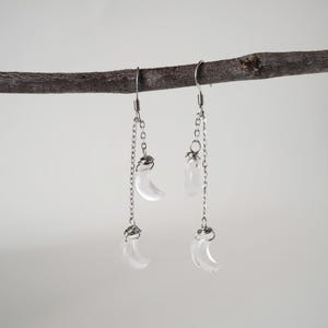 Adjustable Dangle Earrings, Clear Quartz Earrings, Quartz Moon Earrings, Clear Quartz Dangle Earrings, Celestial Earrings