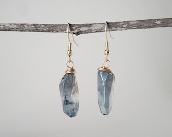 Crystal Quartz Earrings, Quartz Point Earrings, Gold Quartz Earrings, Silver Quartz Earrings, Quartz Dangle Earrings, Blue Quartz Earrings