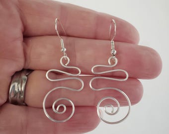 Sterling Silver Spiral Earrings, Swirly Earrings, Modern Wire Art Earrings, Silver Wire Earrings, Minimalist Dangle Earrings