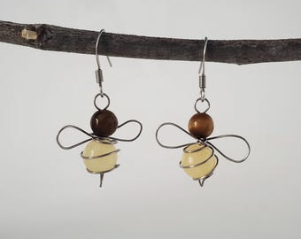 Bee Earrings, Wire Wrapped Bee Jewelry, Bee Lover Jewelry, Nature Inspired Earrings,  Tigers Eye Earrings, Yellow Jade Earrings,