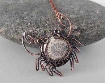 Crab Necklace, Wire Wrapped Crab, Statement Necklace, Wire Wrapped Coral Jewelry, Crab Lover Jewelry, Beach Jewelry, Coastal Jewelry