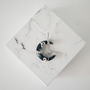 Moss Agate Crescent Moon Necklace, Wire Wrapped Crescent Moon, Moss Agate Necklace, Sterling Silver Agate Necklace, Copper Necklace