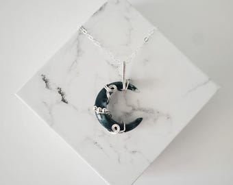 Moss Agate Crescent Moon Necklace, Wire Wrapped Crescent Moon, Moss Agate Necklace, Sterling Silver Agate Necklace, Copper Necklace