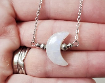 Moonstone Moon Necklace, Simple Moonstone Necklace, June Birthstone Necklace, Simple Moon Necklace, Moonstone Necklace