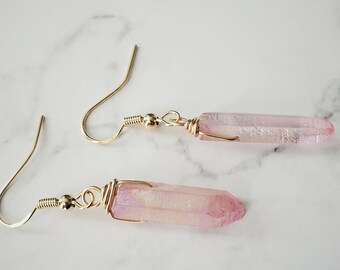 Crystal Quartz Earrings, Quartz Point Earrings, Raw Quartz Earrings, Rough Quartz Dangle Earrings, Pink Quartz Earrings, Gold Earrings