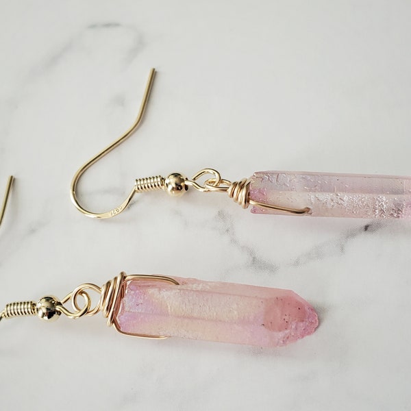 Crystal Quartz Earrings, Quartz Point Earrings, Raw Quartz Earrings, Rough Quartz Dangle Earrings, Pink Quartz Earrings, Gold Earrings