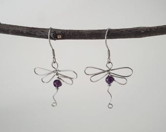 Dragonfly Earrings, Wire Dragonfly, Birthstone Earrings,  Dragonfly Gemstone Earrings,  Dragonfly Lover Jewelry, Wire Wrapped Jewelry