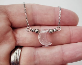 Rose Quartz Crescent Moon Necklace, Simple Rose Quartz Necklace, Simple Moon Necklace, Rose Quartz Necklace, Boho Necklace