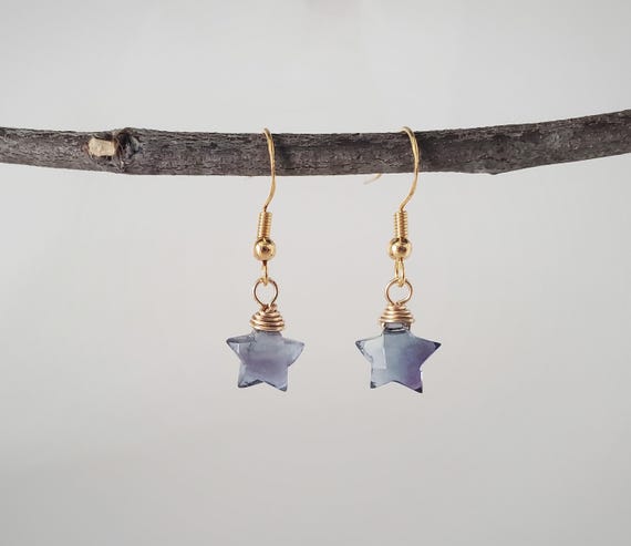 Fluorite Star Earrings, Fluorite Earrings, Gold Star Earrings, Dangle Earrings, Wire Wrapped Jewelry, Star Lover Jewelry, Silver Earrings