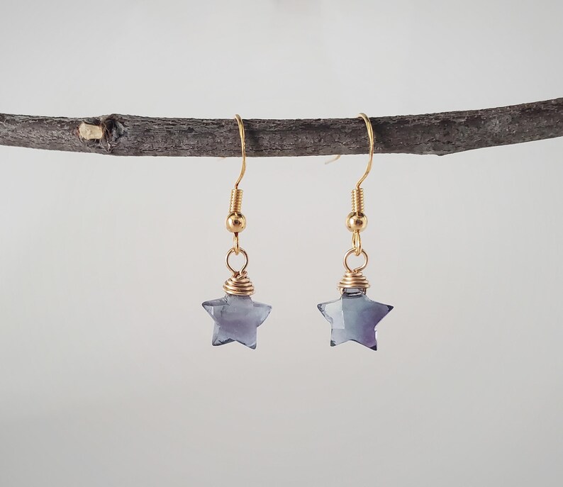 Fluorite Star Earrings, Fluorite Earrings, Gold Star Earrings, Dangle Earrings, Wire Wrapped Jewelry, Star Lover Jewelry, Silver Earrings 14K Gold Filled