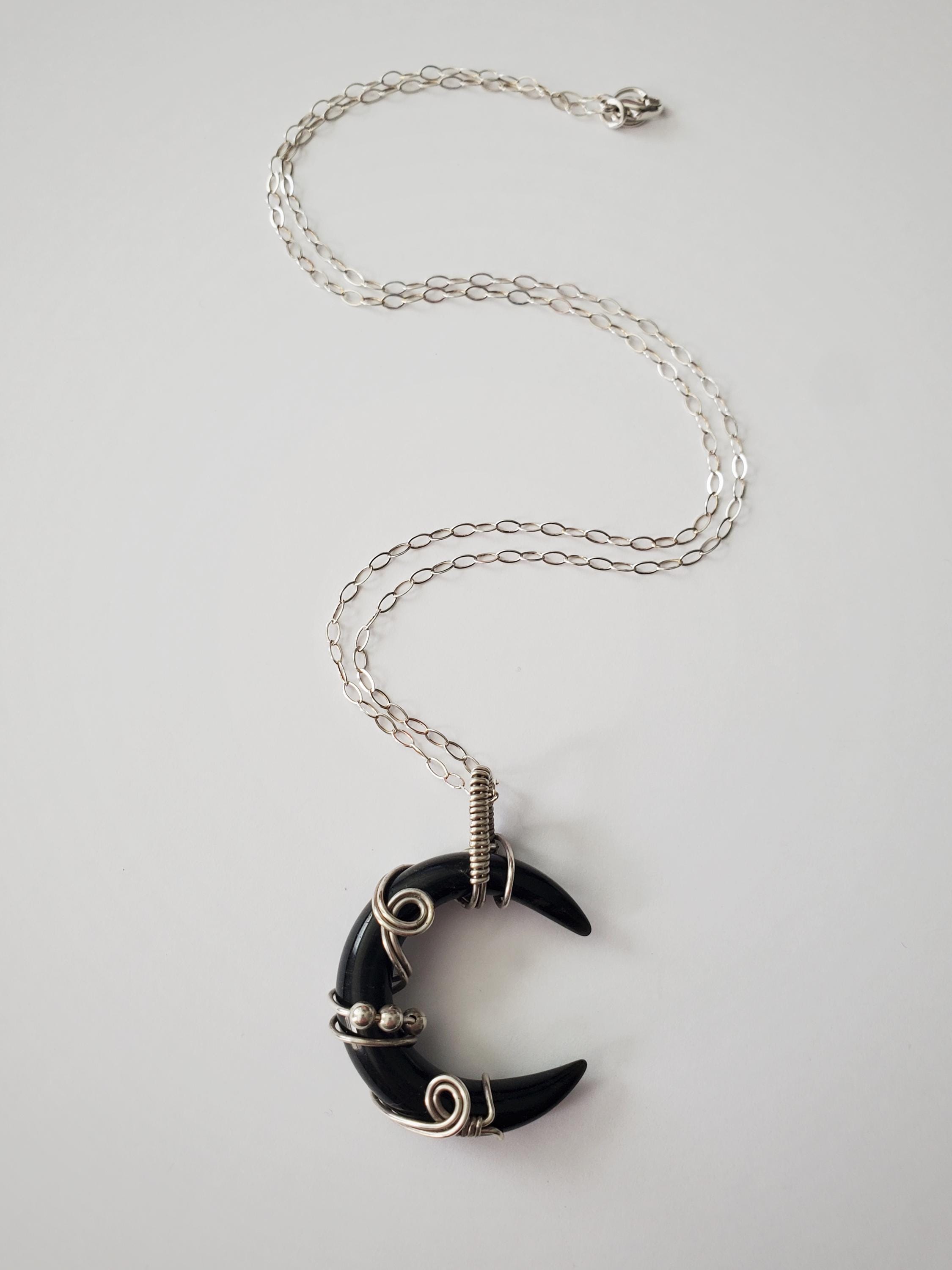 Black Obsidian Crescent Moon Necklace, Wire Wrapped Crescent 