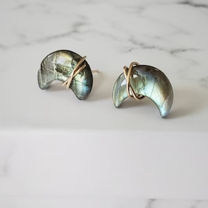 Labradorite Stud Earrings, Crescent Moon Labradorite Earrings, Minimalist Earrings, Stainless Steel Earrings, Gold Earrings, Small Earrings