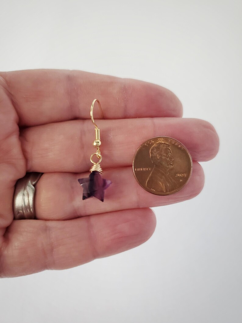 Fluorite Star Earrings, Fluorite Earrings, Gold Star Earrings, Dangle Earrings, Wire Wrapped Jewelry, Star Lover Jewelry, Silver Earrings afbeelding 7