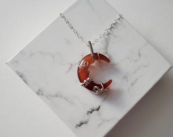 Carnelian Crescent Moon Necklace, Wire Wrapped Crescent Moon, Carnelian Necklace, Sterling Silver Necklace, Wire Wrapped Moon Pendant