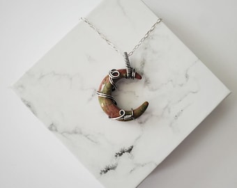 Unakite Crescent Moon Necklace, Wire Wrapped Crescent Moon, Unakite Necklace, Sterling Silver Necklace