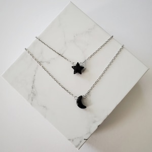 Moon and Star Necklace, Layering Necklace, Black Tourmaline Moon Necklace, Black Onyx Star Necklace, Celestial Necklace, Layered Necklace