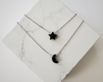 Moon and Star Necklace, Layering Necklace, Black Tourmaline Moon Necklace, Black Onyx Star Necklace, Celestial Necklace, Layered Necklace