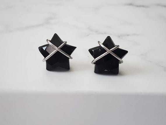 Black Onyx Stud Earrings, Black Onyx Star Earrings, Minimalist Earrings, Stainless Steel Earrings, Celestial Earrings, Small Earrings