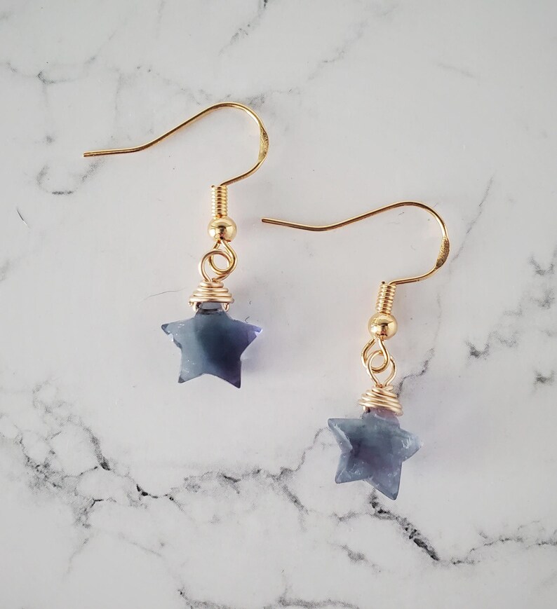 Fluorite Star Earrings, Fluorite Earrings, Gold Star Earrings, Dangle Earrings, Wire Wrapped Jewelry, Star Lover Jewelry, Silver Earrings afbeelding 2