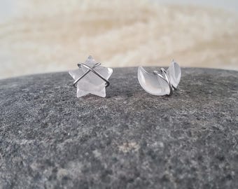 Rose Quartz Stud Earrings, Moon And Star Earrings, Rose Quartz Moon Earrings, Minimalist Earrings, Stainless Steel Earrings
