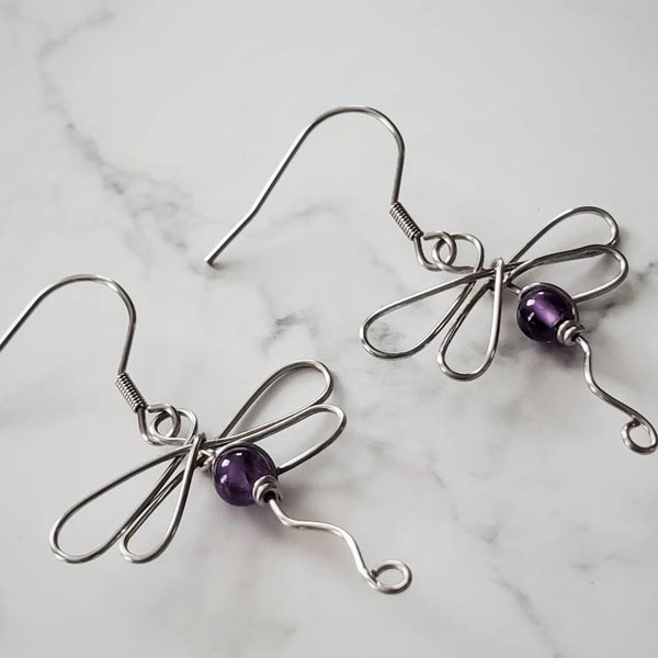 Dragonfly Earrings, Wire Dragonfly, Birthstone Earrings,  Dragonfly Gemstone Earrings,  Dragonfly Lover Jewelry, Wire Wrapped Jewelry