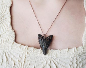 Black Obsidian Wolf Necklace, Wire Wrapped Wolf Necklace, Black Obsidian Necklace, Copper Necklace, Wolf Lover Necklace, Wolf Lover Gift