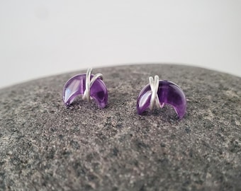Amethyst Stud Earrings, February Birthstone, Amethyst Moon Earrings, Minimalist Earrings, Sterling Silver Amethyst Earrings