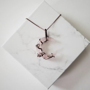 Rose Quartz Crescent Moon Necklace, Wire Wrapped Crescent Moon, Rose Quartz Necklace, Copper Necklace