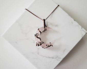 Rose Quartz Crescent Moon Necklace, Wire Wrapped Crescent Moon, Rose Quartz Necklace, Copper Necklace, Sterling Silver Necklace