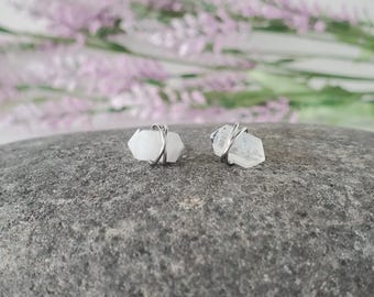 White Moonstone Stud Earrings, Black Tourmaline Moonstone Earrings, Minimalist Earrings, Stainless Steel Earrings