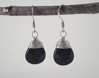 Black Obsidian Earrings, Faceted Obsidian Earrings, Dainty Earrings, Minimalist Earrings, Leverback Earrings, Dangle Earrings