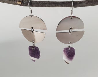 Silver Statement Earrings, Geometric Dangle Earrings, Half Circle Earrings, Silver Leverback Earrings, Boho Stainless Steel Earrings