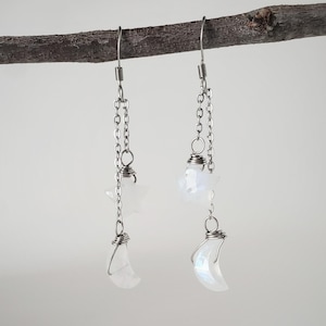 Moonstone Earrings, Star and Moon Earrings, Moonstone Dangle Earrings, Celestial Earrings, Adjustable Earrings