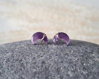 Amethyst Stud Earrings, February Birthstone, Amethyst Moon Earrings, Minimalist Earrings, Stainless Steel Earrings, Gold Earrings