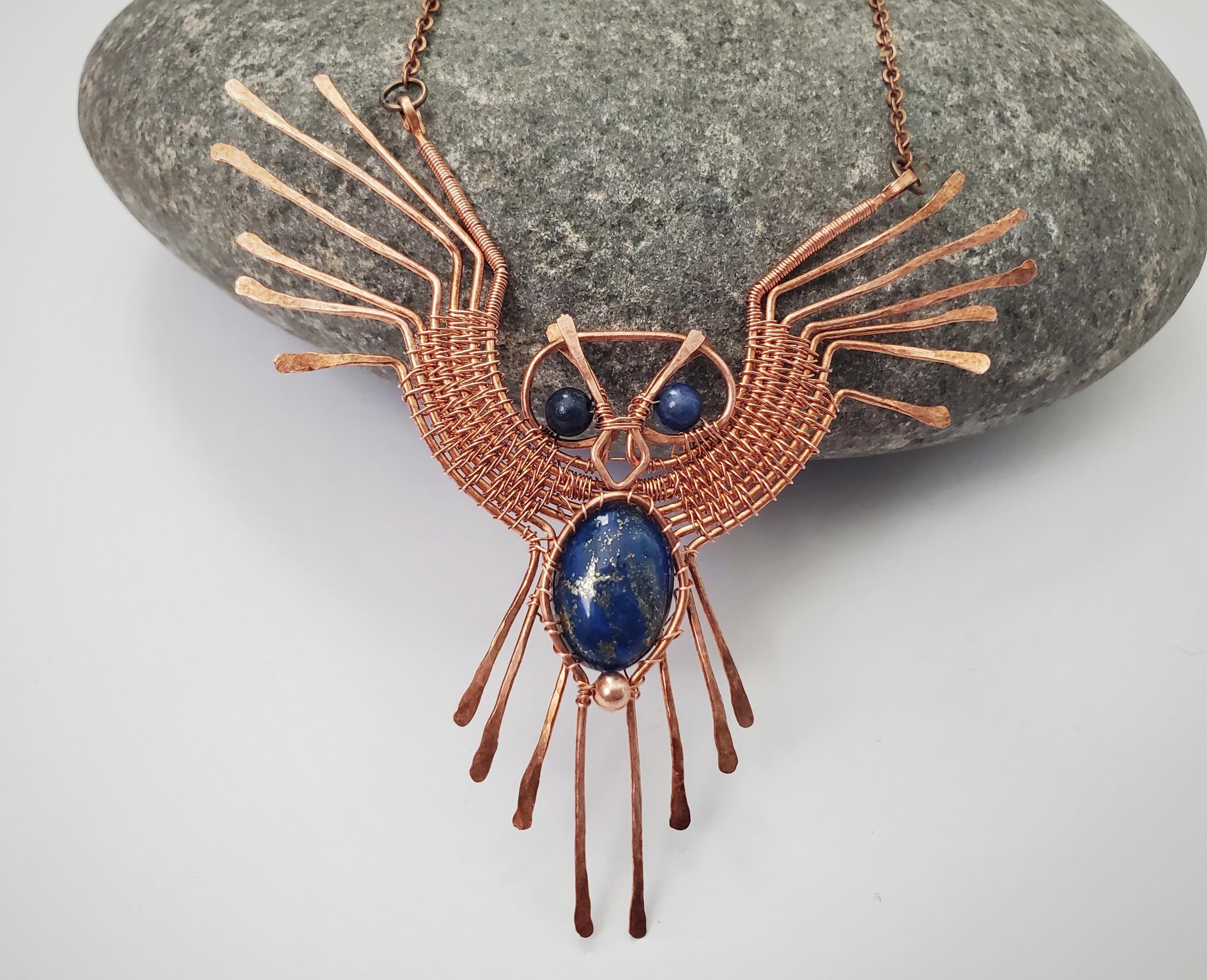 Wire Wrapped Owl Necklace, Lapis Lazuli Owl Necklace, Owl Pendant, Copper Owl Necklace, Wire Wrapped